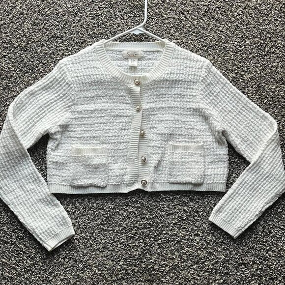 White Jessica Simpson Cropped Cardigan w/Pearl Buttons and Pockets, size medium - Picture 1 of 8